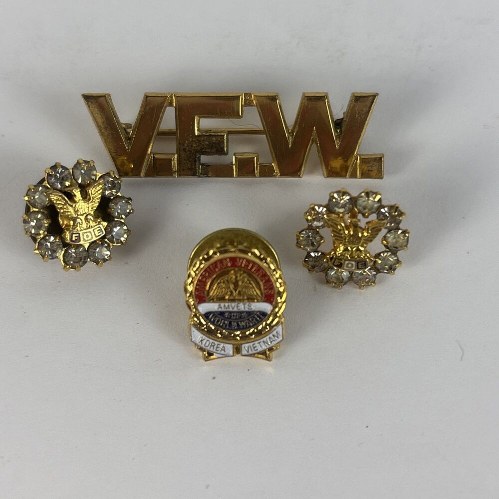 VFW, AMVets WWII, FOE 4 Pins Fraternal Order of the Eagles Small Pins